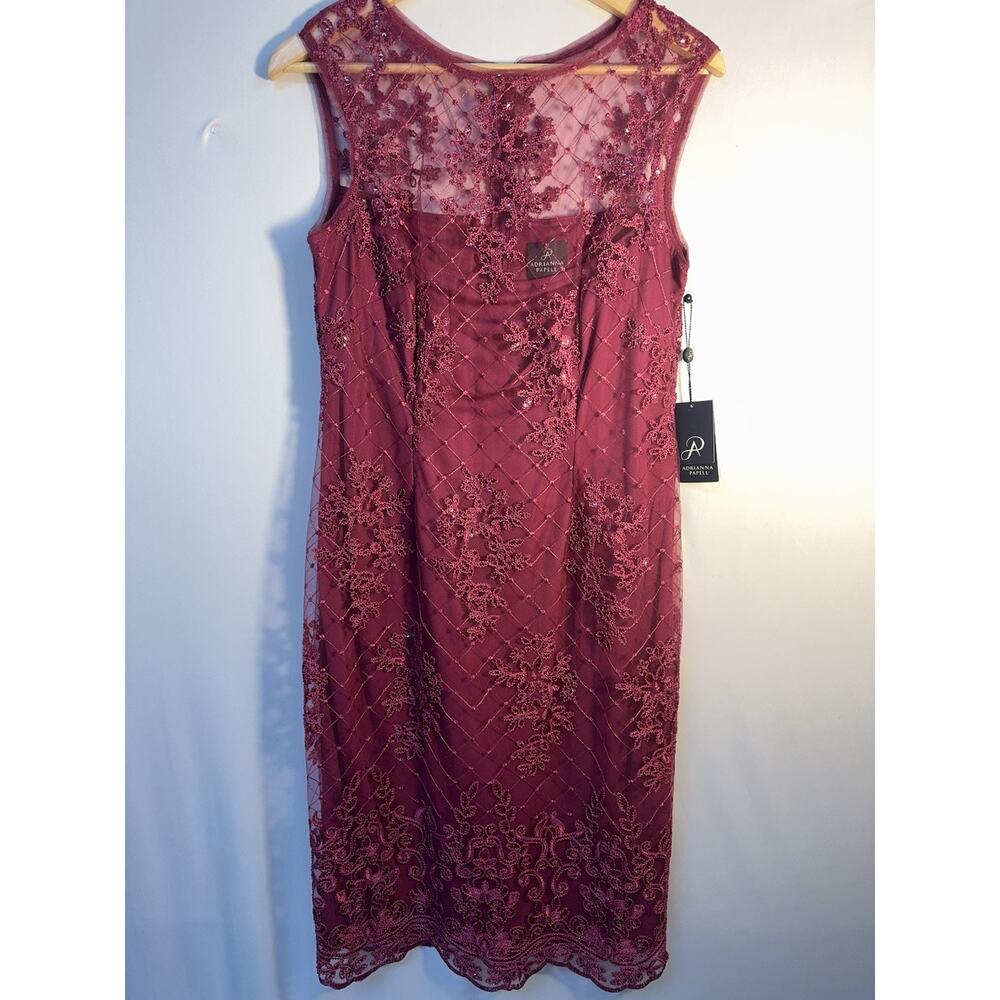 Adrianna Papell Embroidered Mesh Sheath knee length Dress Illusion Formal NWT 10